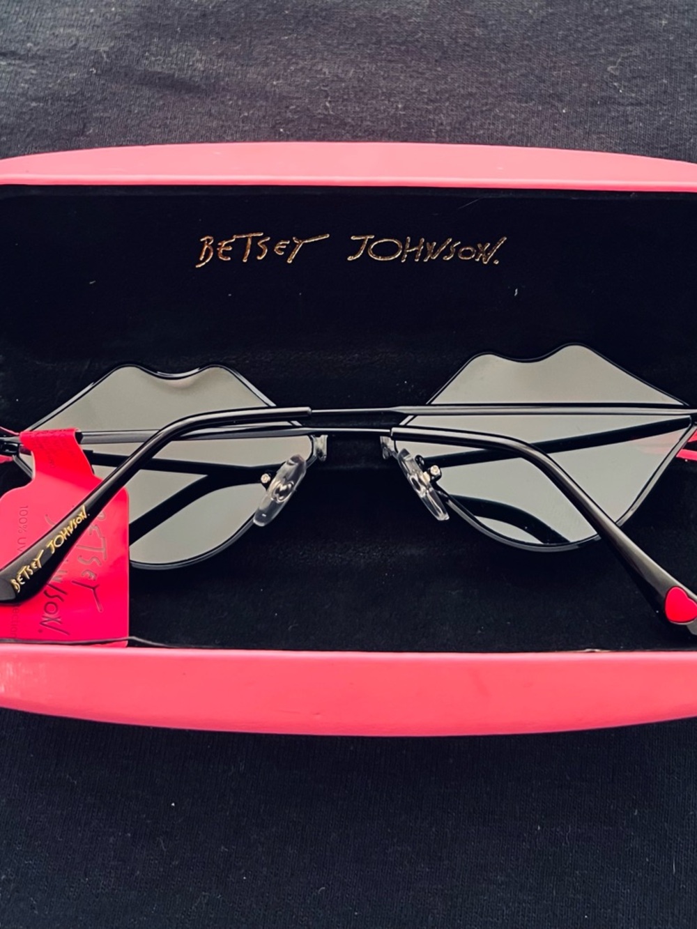 Betsey Johnson Pink and Black Lip-Shaped Sunglasses with hard shell case